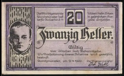 Notgeld Aurolzmünster 1920, 20 Heller, Porträt und Ortsansicht mit Brunnen