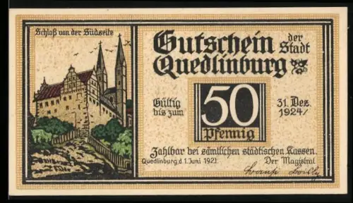 Notgeld Quedlinburg 1921, 50 Pfennig, Schloss und Klopstock-Denkmal