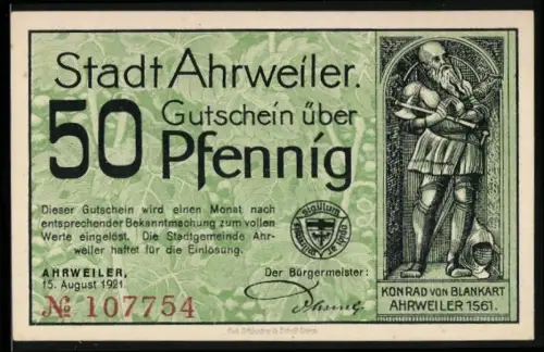 Notgeld Ahrweiler 1921, 50 Pfennig, Konrad von Blankart, Ortsansicht und Wappen