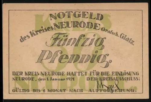 Notgeld Neurode /Glatz 1921, 50 Pfennig, Industrielandschaft mit Fabriken und Arbeitern