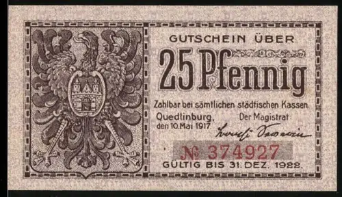 Notgeld Quedlinburg 1917, 25 Pfennig, Adler mit Wappenmotiv