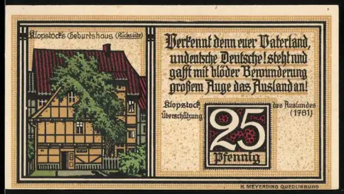 Notgeld Quedlinburg 1921, 25 Pfennig, Klopstocks Geburtshaus und Stadtwappen mit Adler