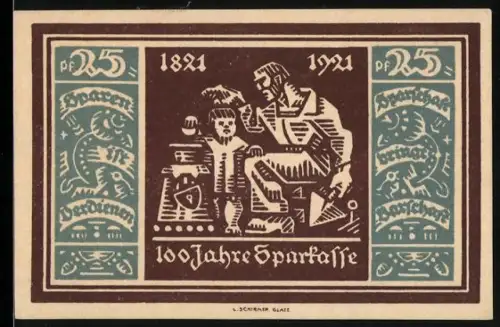 Notgeld Glatz 1921, 25 Pf, 100 Jahre Sparkasse, Handwerker mit Kind und Wappen