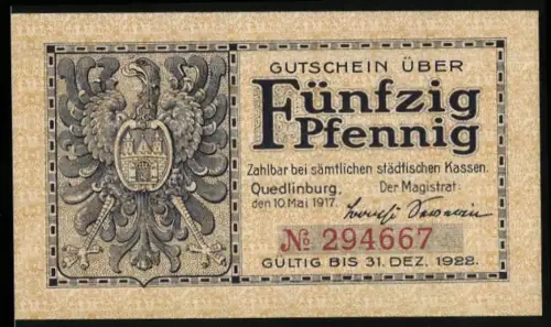 Notgeld Quedlinburg 1917, 50 Pfennig, Doppeladler mit Stadtwappen