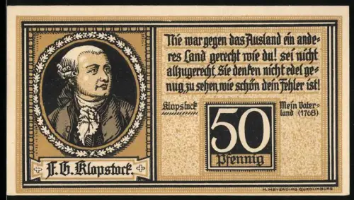 Notgeld Quedlinburg 1921, 50 Pfennig, F. G. Klopstock und Rathausportal