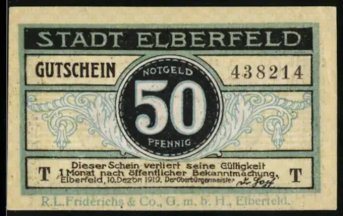 Notgeld Elberfeld 1919, 50 Pfennig, Schwebebahn über der Wupper mit Wappen
