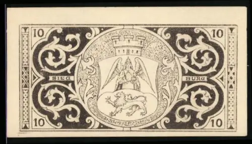 Notgeld Siegburg 1921, 10 Pfennig, Wappen mit Engel und Löwe