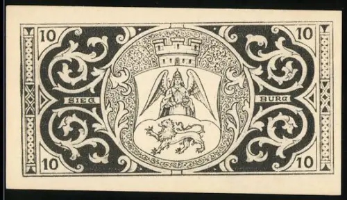Notgeld Siegburg 1921, 10 Pfennig, Engel und Löwe mit Stadtmauer im Wappen