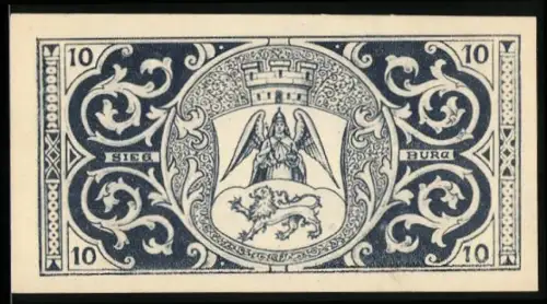 Notgeld Siegburg 1921, 10 Pfennig, Engel und Löwe im Wappen