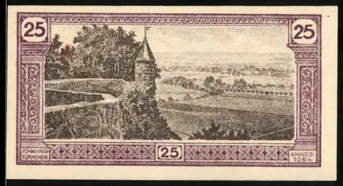 Notgeld Siegburg 1921, 25 Pfennig, Johannistürmchen und Landschaftspanorama, mit Wappen
