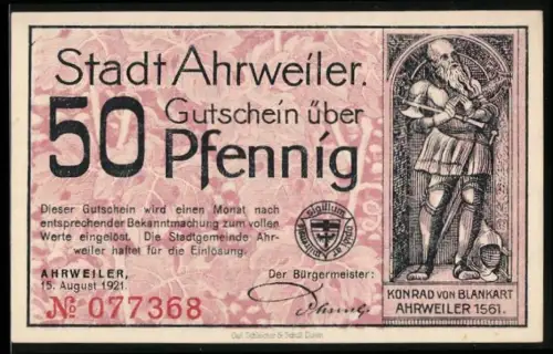 Notgeld Ahrweiler 1921, 50 Pfennig, Konrad von Blankart und Ortsansicht mit Weinbau-Segen