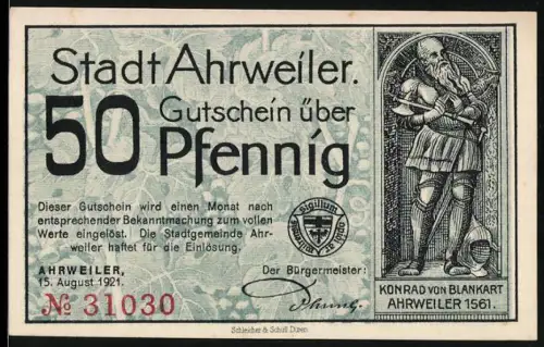 Notgeld Ahrweiler 1921, 50 Pfennig, Konrad von Blankart und Ortsansicht mit Reiter und Tor