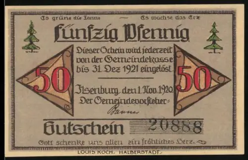 Notgeld Ilsenburg im Harz 1920, 50 Pfennig, Bäume und Bergkreuz mit Landschaftsszene