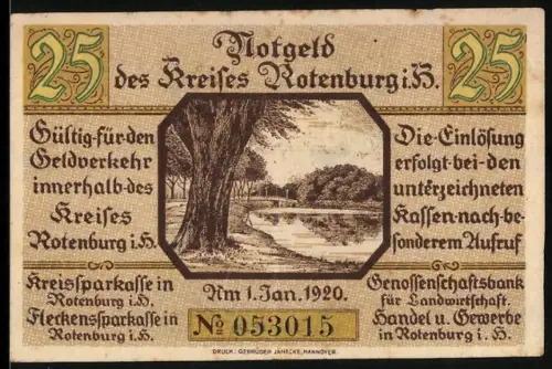 Notgeld Rotenburg i. H. 1920, 25 Pf., Landschaftsmotiv und Wappen mit Eichenlaub
