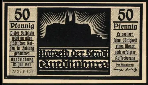Notgeld Quedlinburg 1921, 50 Pfennig, Silhouette einer Burg und Heiligenfigur mit Kindern