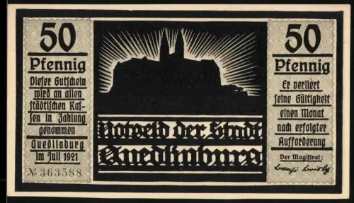 Notgeld Quedlinburg 1921, 50 Pfennig, Schloss-Silhouette und Huldigungsszene im Scherenschnittstil