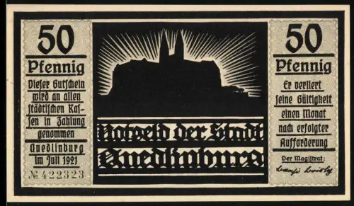 Notgeld Quedlinburg 1921, 50 Pfennig, Burgsilhouette und historisches Scherenschnittmotiv
