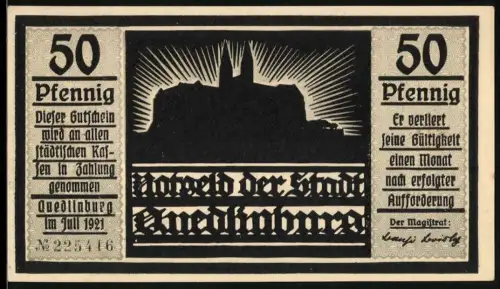 Notgeld Quedlinburg 1921, 50 Pfennig, Burgsilhouette und Silhouettenschnitt eines Mannes im Wald