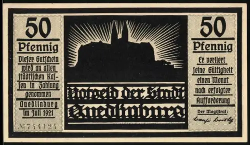 Notgeld Quedlinburg 1921, 50 Pfennig, Burgruine und Mann mit Vogel im Scherenschnitt