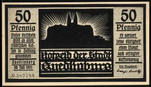 Notgeld Quedlinburg 1921, 50 Pfennig, Silhouette der Stadt und Vogelfänger-Motiv