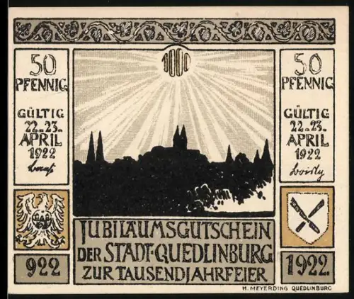 Notgeld Quedlinburg 1922, 50 Pfennig, Jubiläumsgutschein mit Ortsansicht und Einzug der Preussen 1698