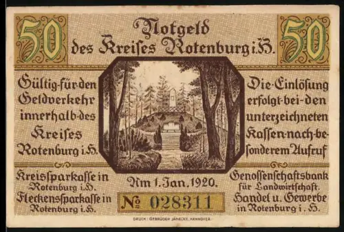 Notgeld Rotenburg i. H. 1920, 50 Pf., Landschaft mit Denkmal und Wappen mit Burg und Eichenlaub