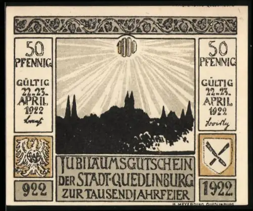 Notgeld Quedlinburg 1922, 50 Pfennig, Silhouette Quedlinburgs & Reformationsszene nach Otto Markus