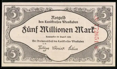 Notgeld Wiesbaden 1923, 5 Millionen Mark, verzierte Rahmen und Zweige