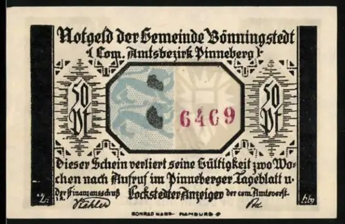 Notgeld Bönningstedt 1921, 50 Pfennig, Bauer mit Pflug und Spruch in Plattdeutsch