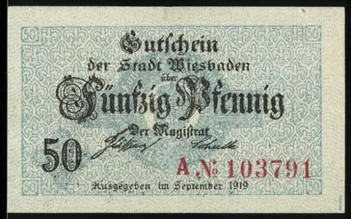 Notgeld Wiesbaden 1919, 50 Pfennig, verzierte Muster und Schriftzüge