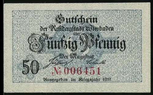 Notgeld Wiesbaden 1917, 50 Pfennig, florales Muster, Wappenmuster mit Wertangabe