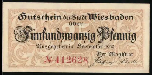 Notgeld Wiesbaden 1919, 25 Pfennig, florales Muster und Wappen mit Lilien