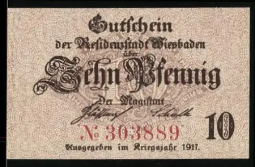 Notgeld Wiesbaden 1917, 10 Pfennig, Stadtwappen und Ornamentmuster
