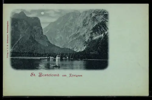 Mondschein-AK St. Bartholomä am Königssee, Uferpartie mit Boot