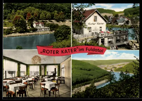AK Kassel, Gasthaus Roter Kater im Fuldatal, Innenansicht, Uferpartie