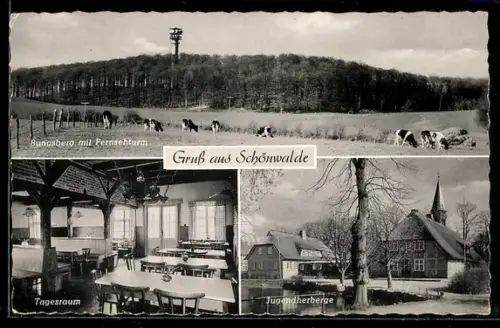 AK Schönwalde, Jugendherberge, Inneres Tagesraum, Bungsberg mit Fernsehturm