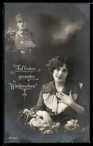 Foto-AK Junge Frau denkt an ihren Liebsten im Felde, Soldat mit Pickelhaube und EK II 1914