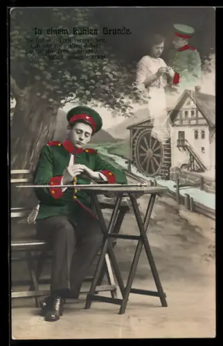 Foto-AK Soldat in Uniform mit Schirmmütze in einem Gasthaus nahe einer Mühle