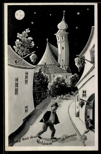 Wirtshaus-AK Stadtansicht mit Kirche aus der Sicht eines Betrunkenen