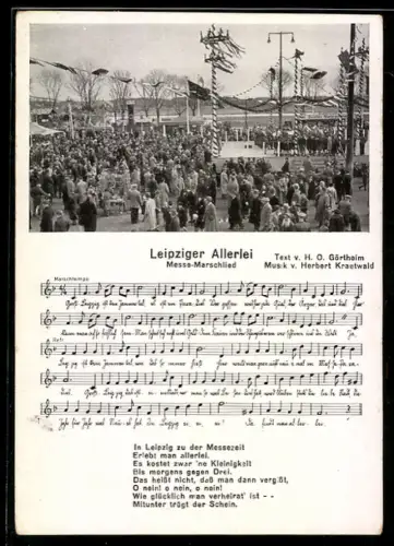 AK Leipzig, Messe-Marschlied Leipziger Allerei, belebter Messeplatz