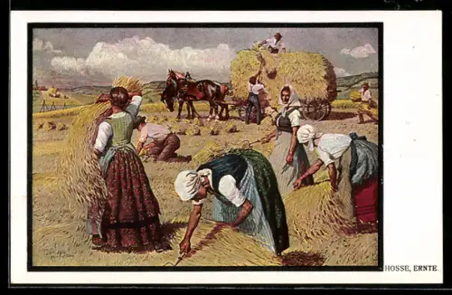 Künstler-AK Ernte, Feldarbeiterinnen und Pferdegespann