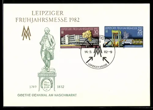 AK Leipzig, Leipziger Messe im Jahr 1982, Goethe-Denkmal am Naschmarkt
