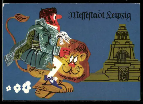 AK Leipzig, Leipziger Messe, Mann reitet auf einem Löwen