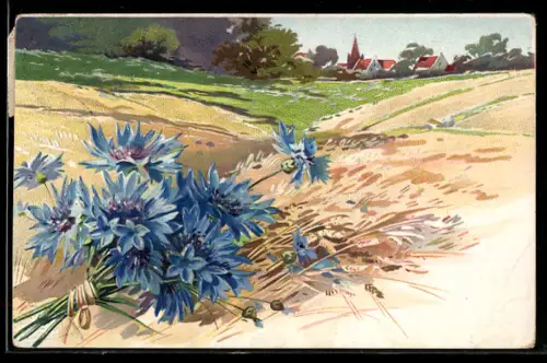 Präge-AK Kornblumen auf einem Feld vor einem Ort