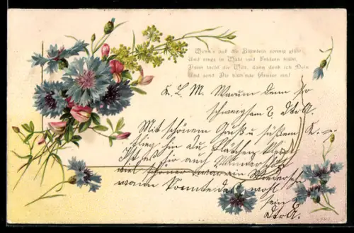AK Konrblumenstrauss mit einem kleinen Gedicht, Wenn`s auf die Blümlein sonnig glüht...
