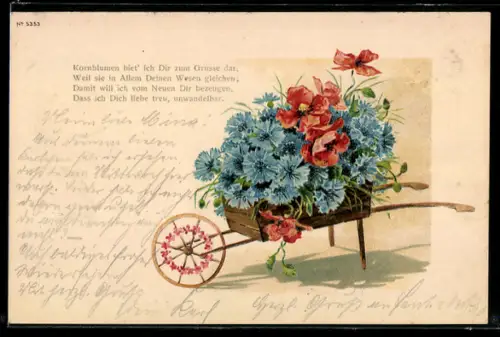 AK Schubkarre voller Kornblumen und Mohn