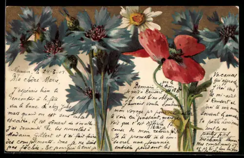 AK Kornblumen, Mohn und Margherite in voller Blüte