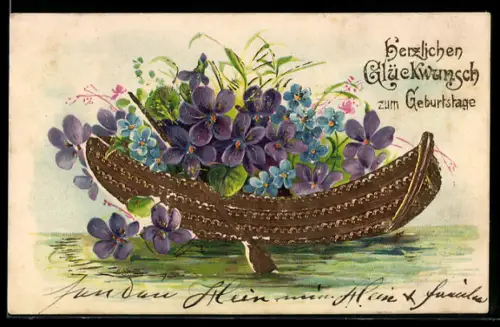 AK Viel Glück im neuen Jahre, Ruderboot beladen mit Blumen, Veilchen, Vergissmeinnicht, Blumenbild