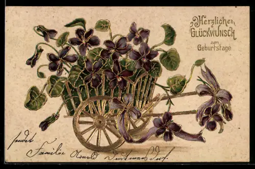 AK Karren voller Veilchen in voller Blüte und mit Goldakzenten