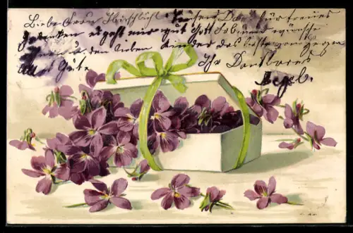 AK Geschenkpaket voller Veilchen und grüner Schleife